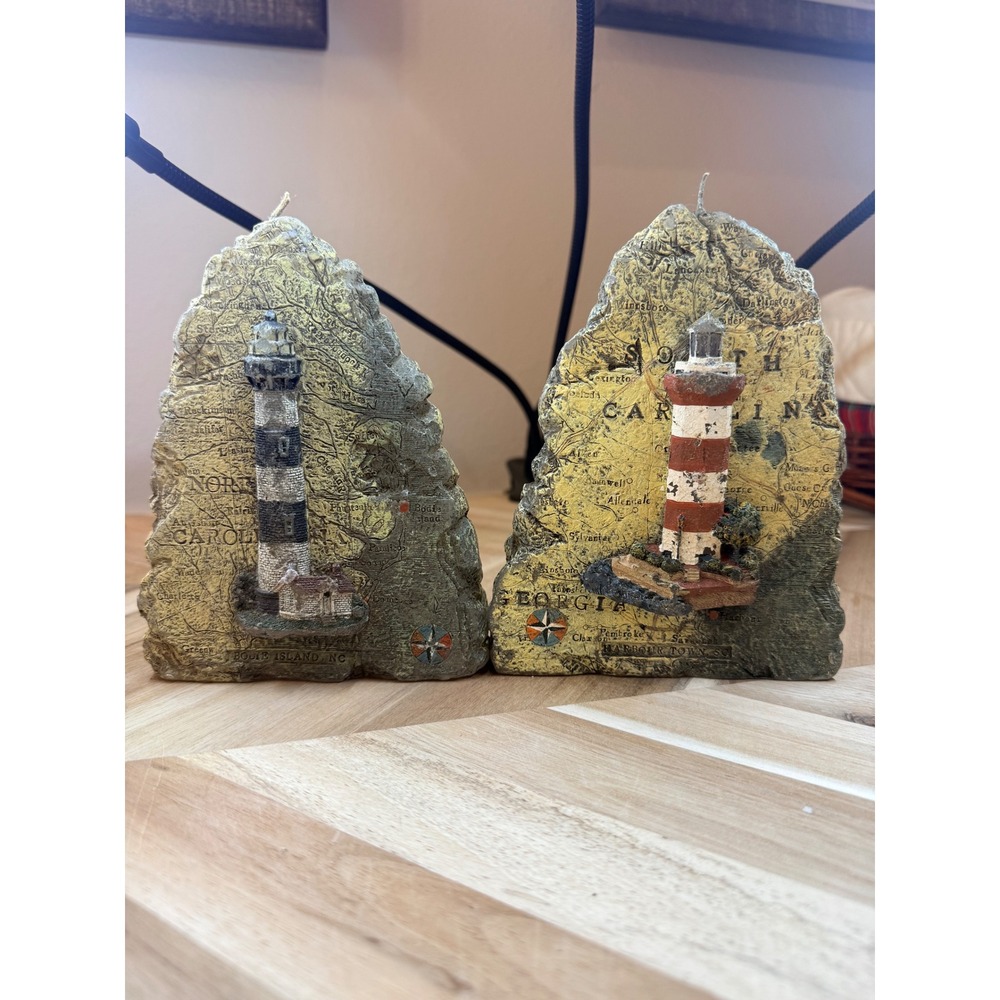 Nautical Lighthouse Candles‎ Set of 2 Coastal Map Design Harbor Town SC Bodie NC